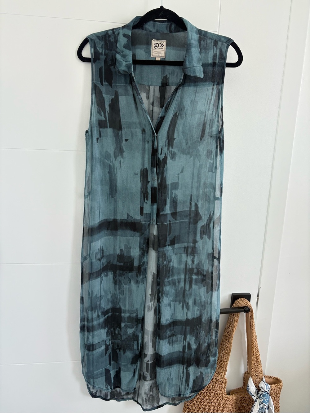 GO BY GO SILK GORGEOUS! LUXURY! Teal & Black Sheer Sleeveless Long Vest / Duster